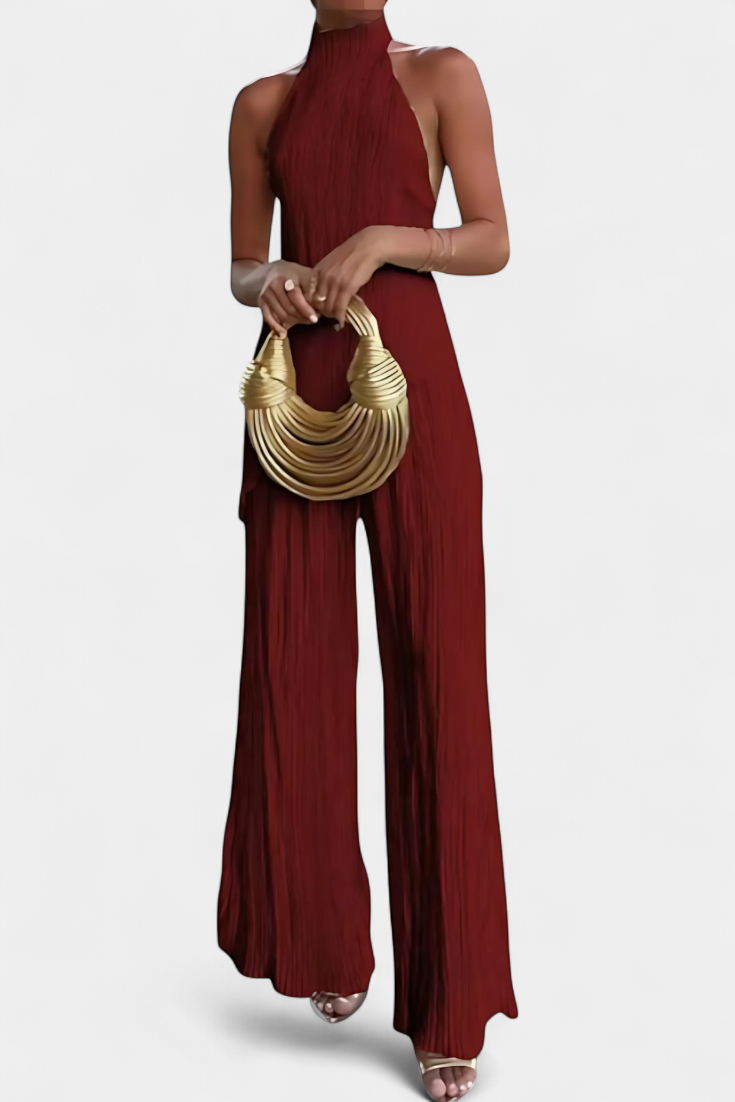 Pilarica Conjunto Plissado com Top Assimétrico Halter e Calças Fluidas