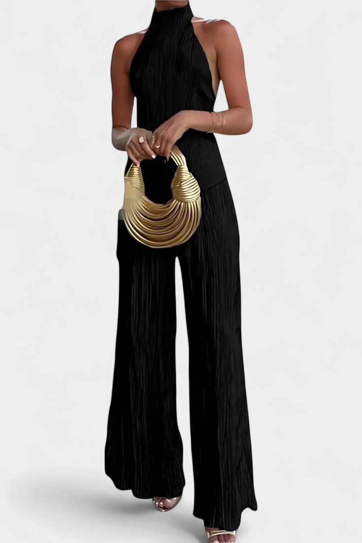 Pilarica Conjunto Plissado com Top Assimétrico Halter e Calças Fluidas