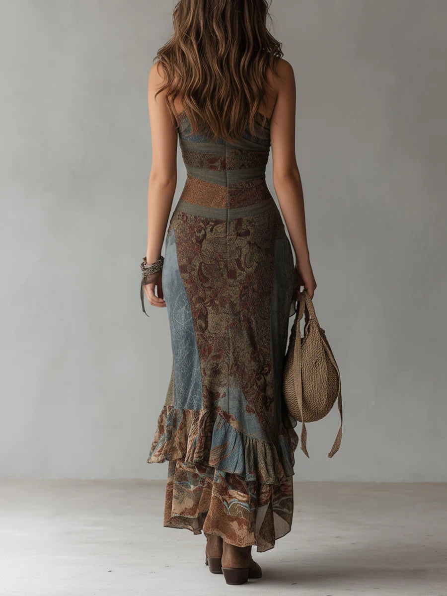 Elena ∙ Vestido Longo Assimétrico de Um Ombro com Estampado Étnico e Abertura Alta