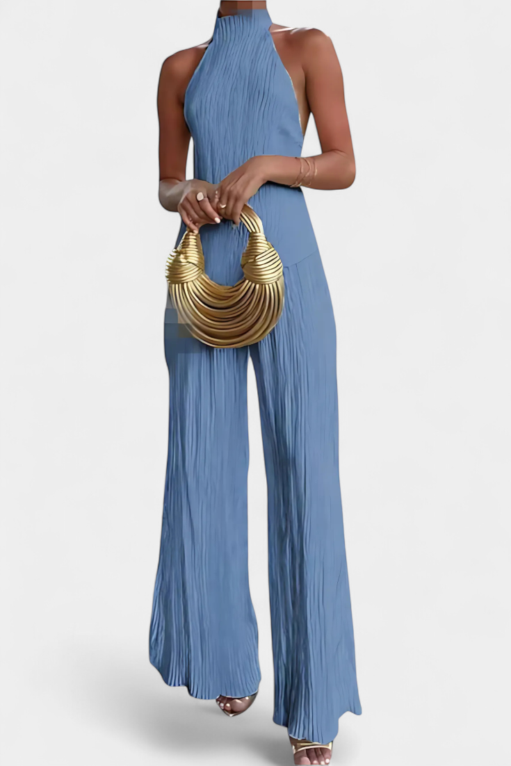 Pilarica Conjunto Plissado com Top Assimétrico Halter e Calças Fluidas