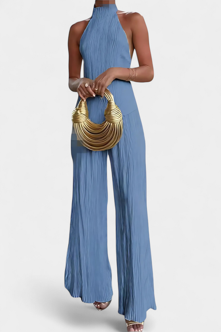 Pilarica Conjunto Plissado com Top Assimétrico Halter e Calças Fluidas