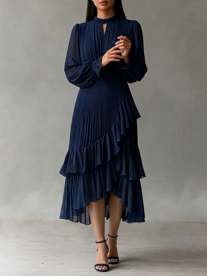 Vestido Midi Plissado Elegante com Folhos