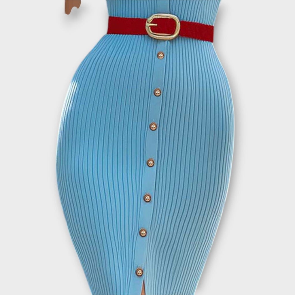 Sina - Vestidos Justos às Riscas em Azul Pastel com Estilo