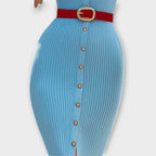 Sina - Vestidos Justos às Riscas em Azul Pastel com Estilo
