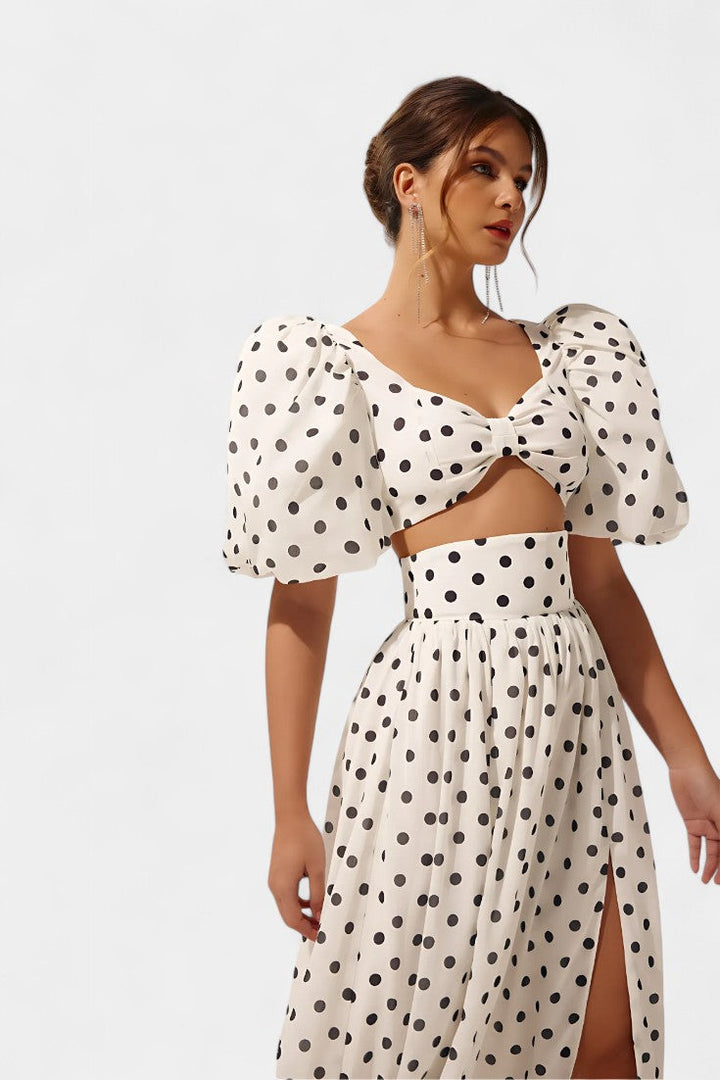 Sherine Conjunto de Saia e Top de Bolinhas com Mangas Bufantes