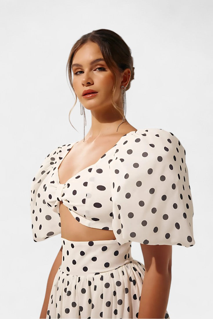 Sherine Conjunto de Saia e Top de Bolinhas com Mangas Bufantes