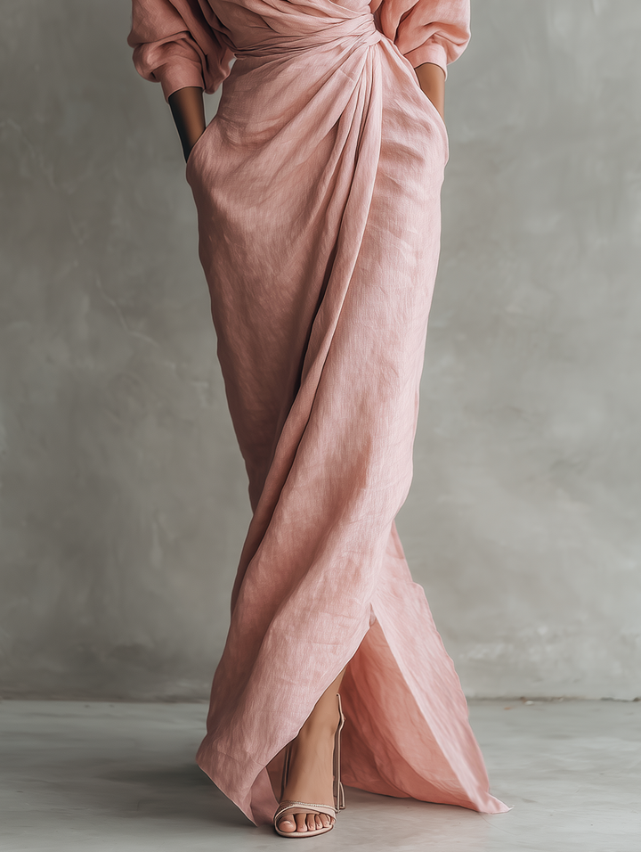 Vestido Maxi Minimalista Rosa com decote em V em linho misto para Mulher
