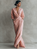 Vestido Maxi Minimalista Rosa com decote em V em linho misto para Mulher
