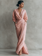 Vestido Maxi Minimalista Rosa com decote em V em linho misto para Mulher
