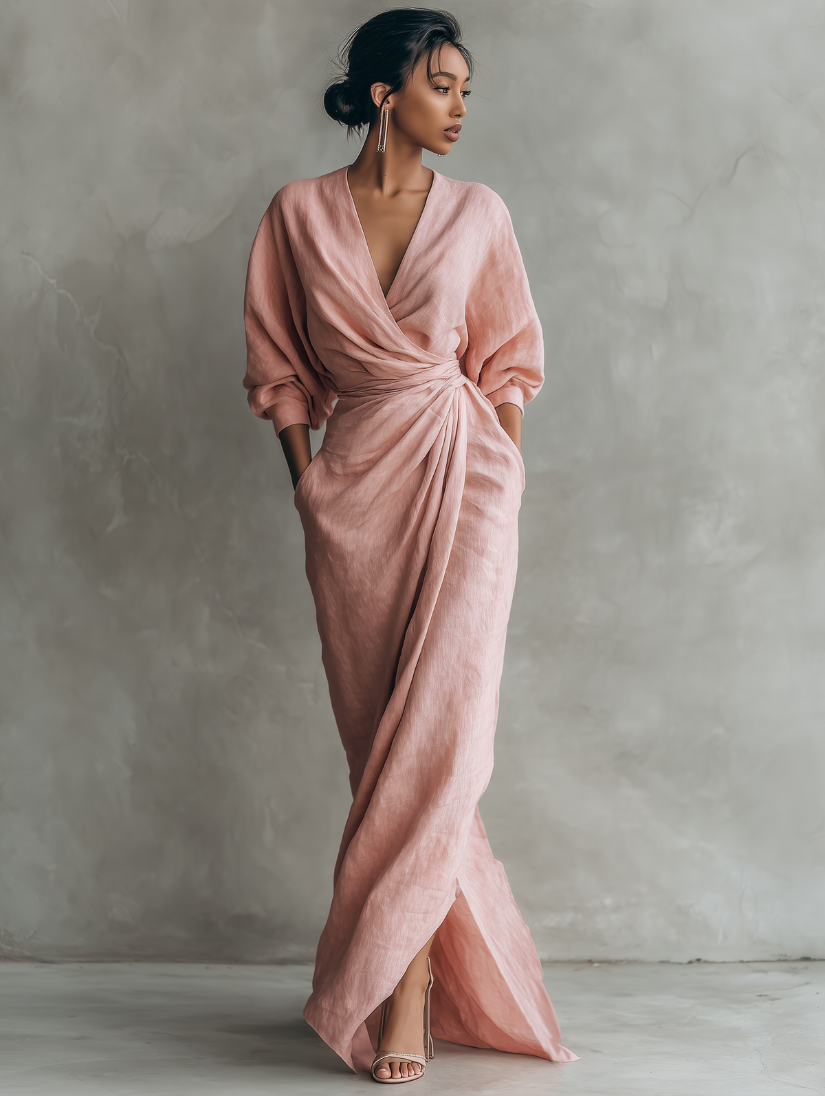 Vestido Maxi Minimalista Rosa com decote em V em linho misto para Mulher