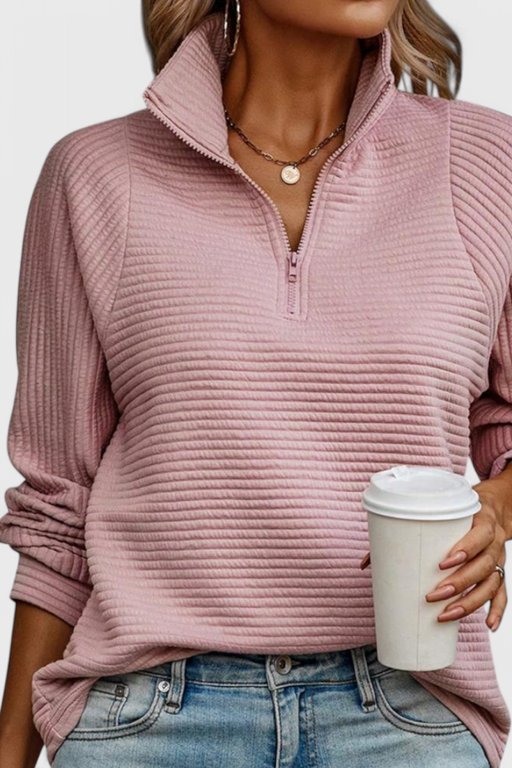 Helene - Camisola de Decote em V com Fecho e Manga Comprida