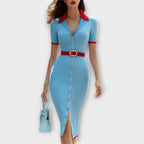 Sina - Vestidos Justos às Riscas em Azul Pastel com Estilo