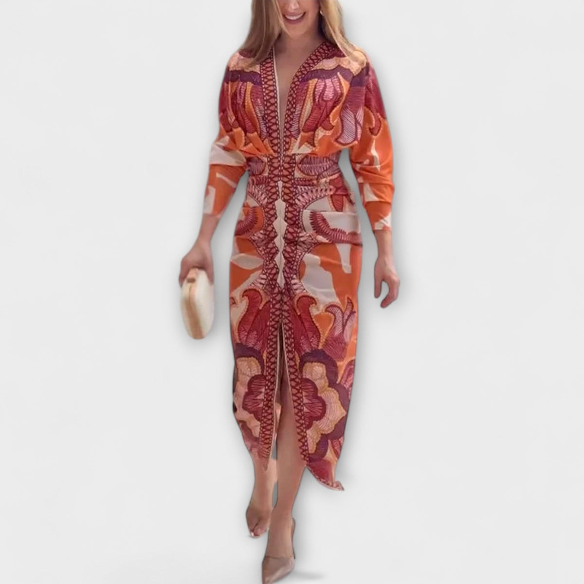Cleo - Vestidos Midi Únicos com Mangas Dolman e Estampado Brasileiro