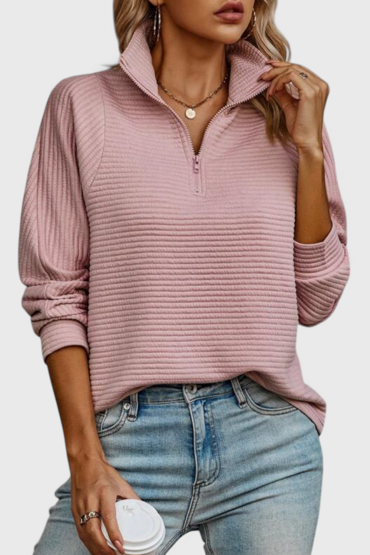 Helene - Camisola de Decote em V com Fecho e Manga Comprida