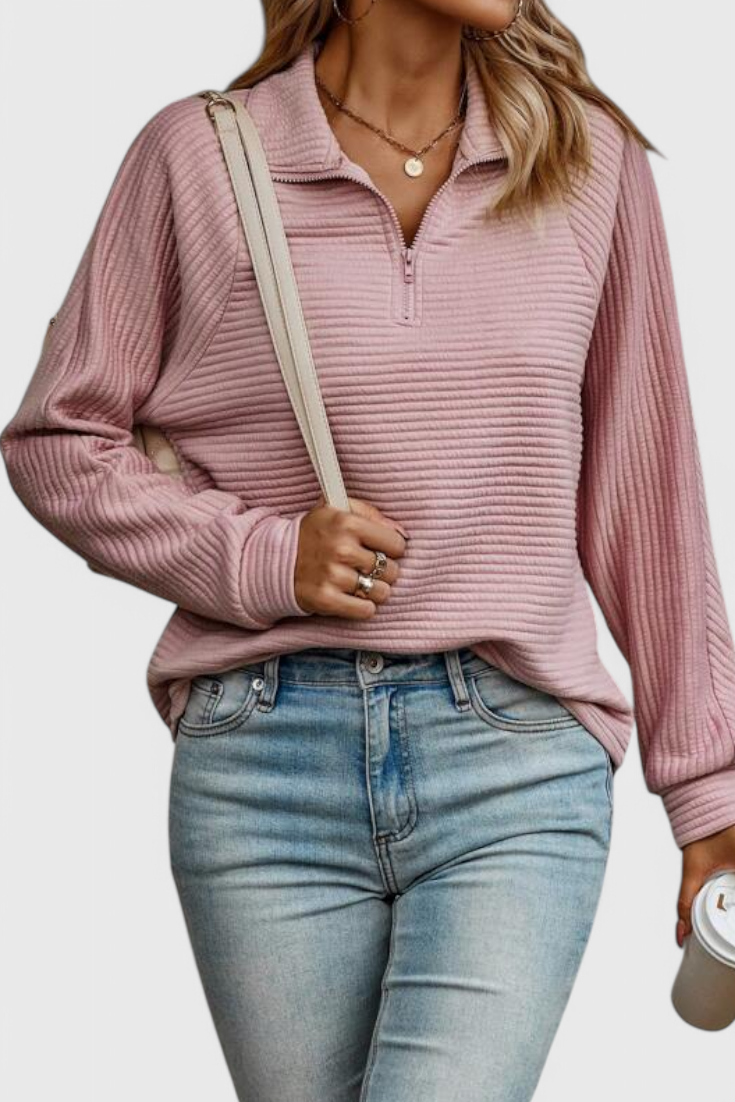 Helene - Camisola de Decote em V com Fecho e Manga Comprida