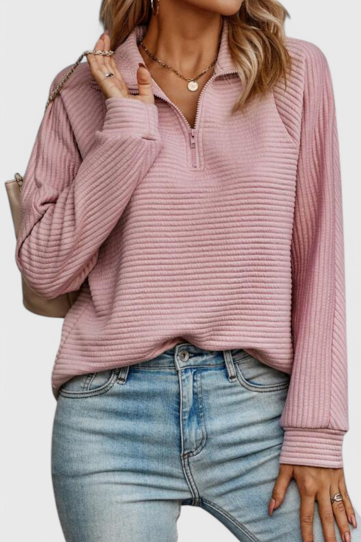 Helene - Camisola de Decote em V com Fecho e Manga Comprida