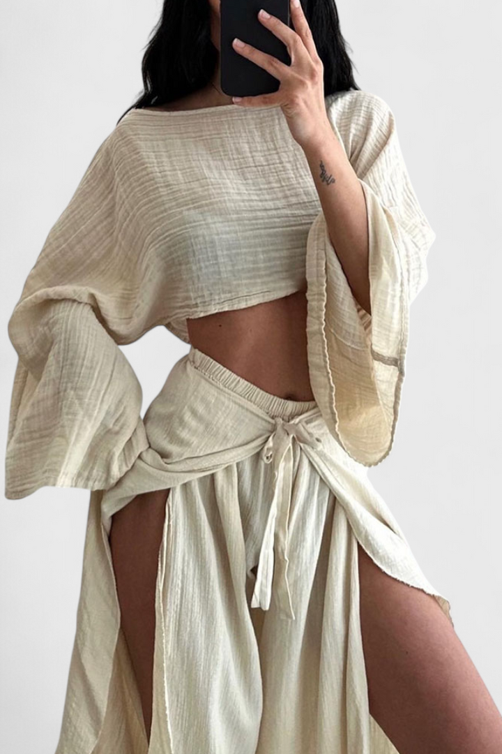 Elsie - Conjunto Fluido com Kimono e Calças Cruzadas