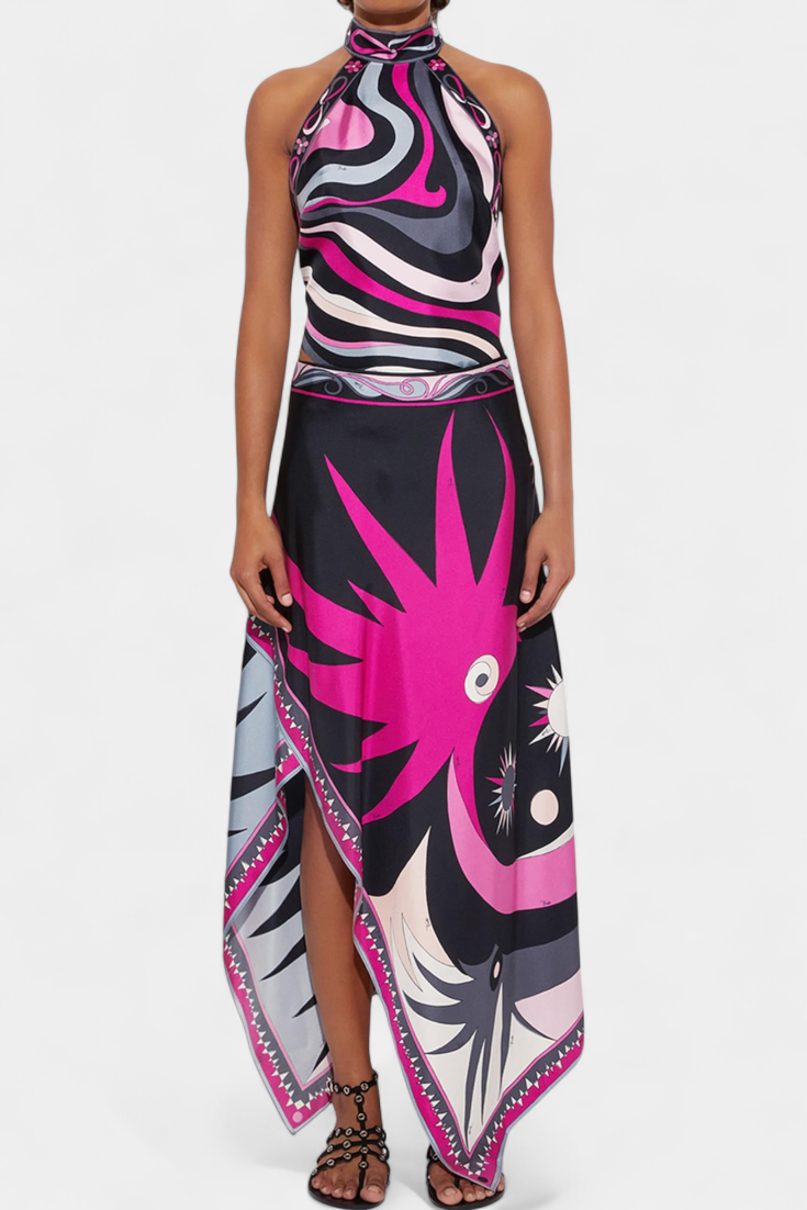 Ciana - Conjunto em Cetim com Saia Abstrata e Top Halter
