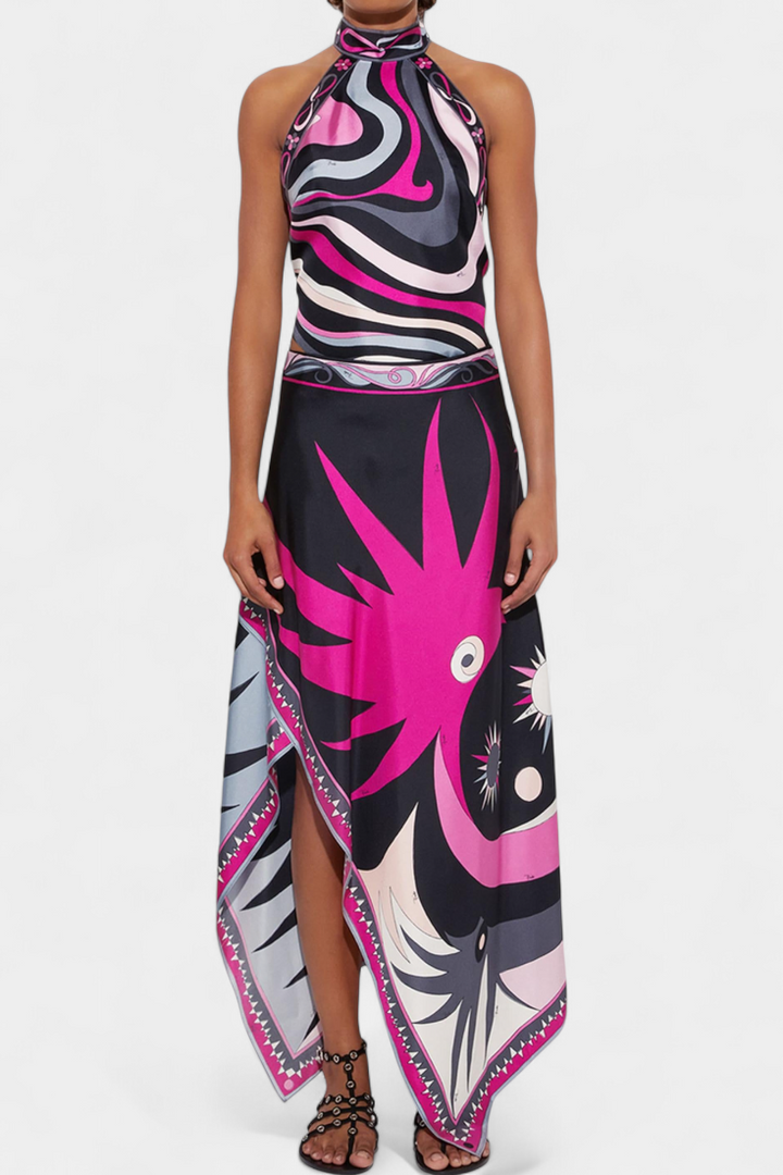 Ciana - Conjunto em Cetim com Saia Abstrata e Top Halter