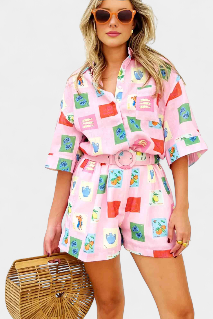 Mariluz Conjunto de Camisa e Shorts com Estampado Rosa