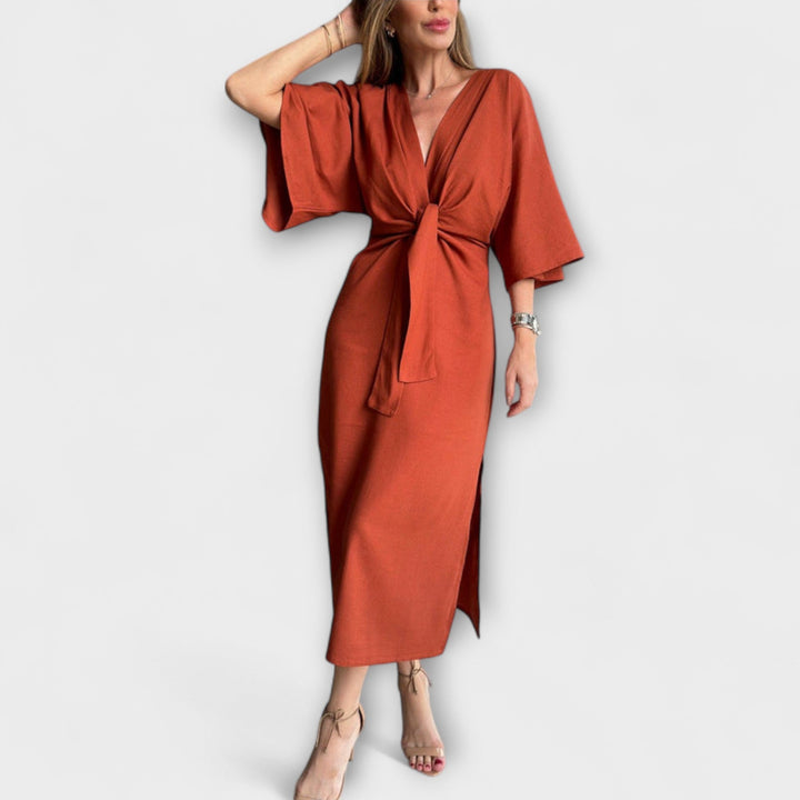 Holly - Vestido Casual com Decote em V, Confecionado em Algodão e Linho com Laço