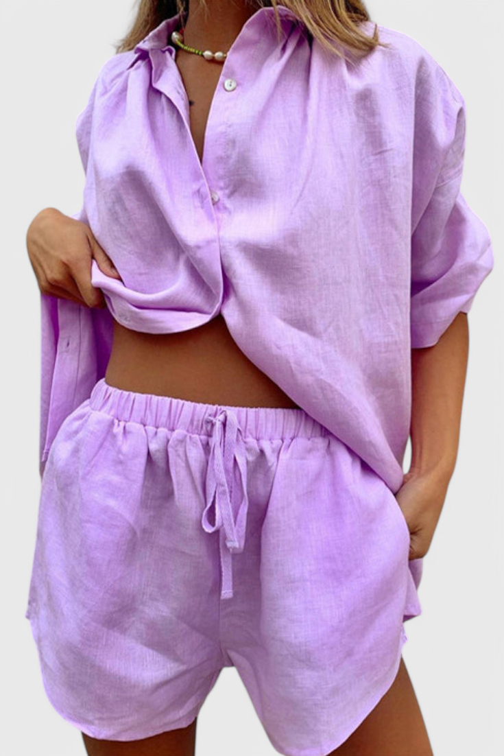 Anika Conjunto de Duas Peças com Camisa de Botões e Calções com Cordão