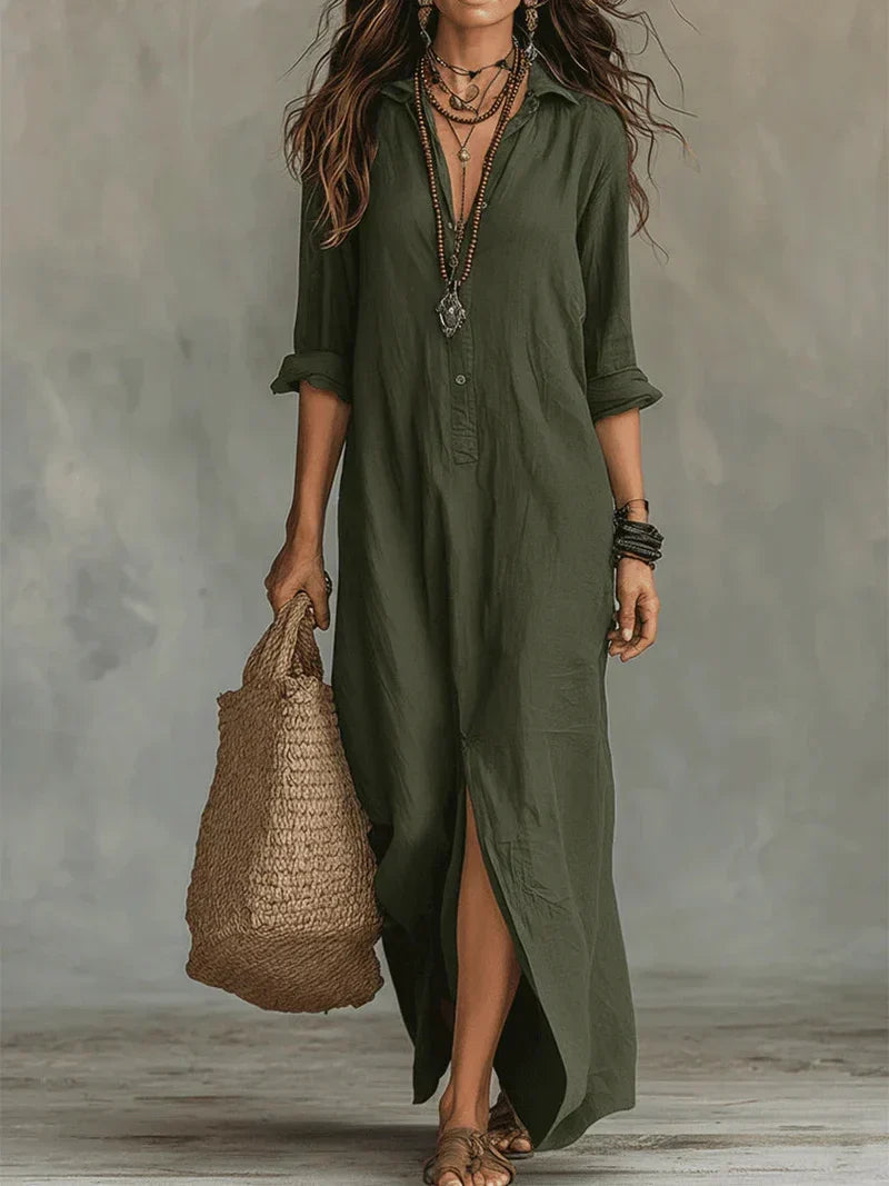 Selena™ | Vestido Maxi Preto Solto com Botões