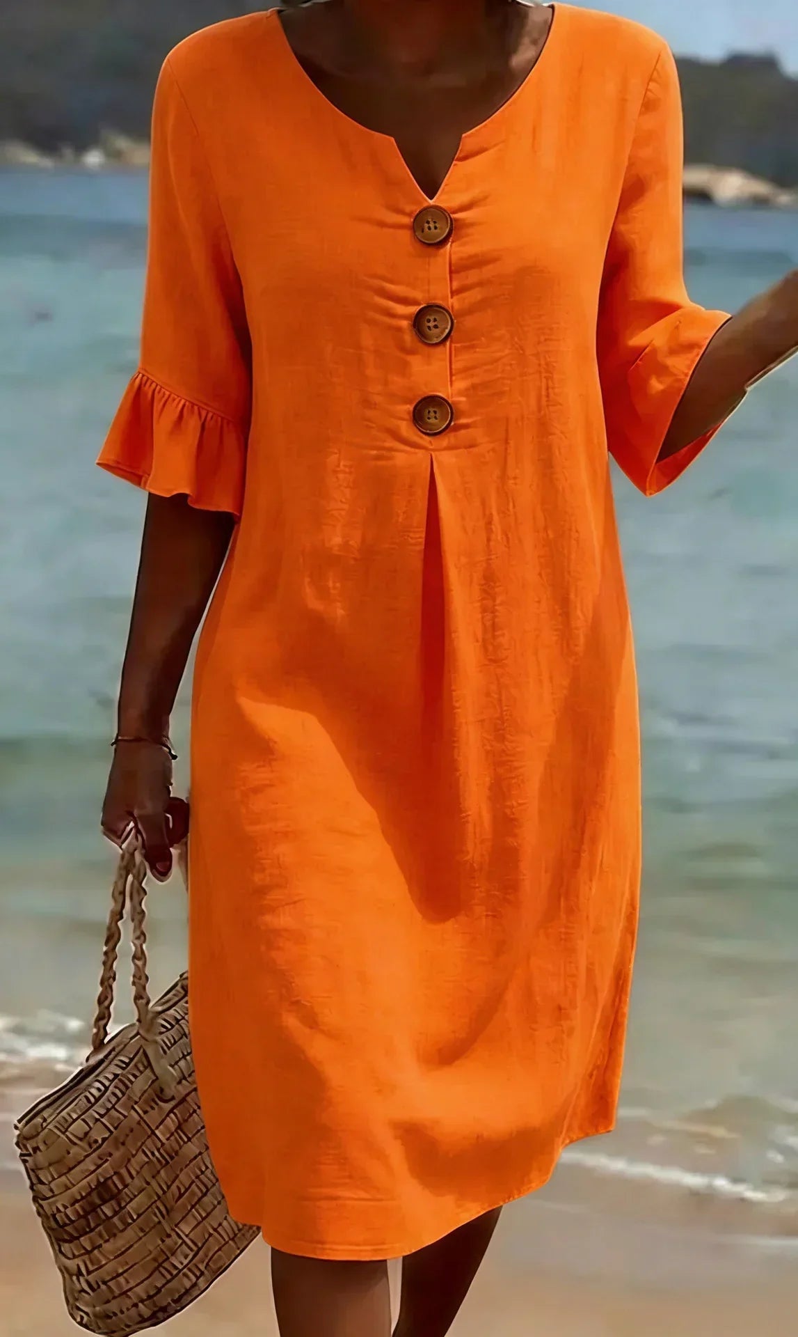 Vanesa | Vestido com Textura de Linho com Manga Bufante e Botões