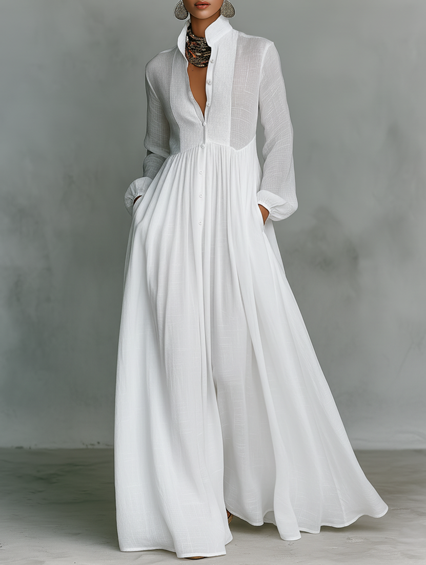 Alba Montiel™ | Vestido Minimalista de Algodão e Linho com Patchwork, Gola Alta e Mangas Compridas