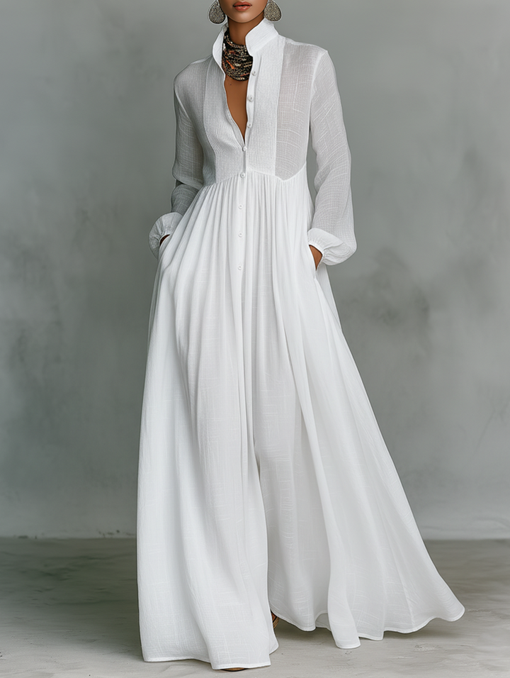 Alba Montiel™ | Vestido Minimalista de Algodão e Linho com Patchwork, Gola Alta e Mangas Compridas