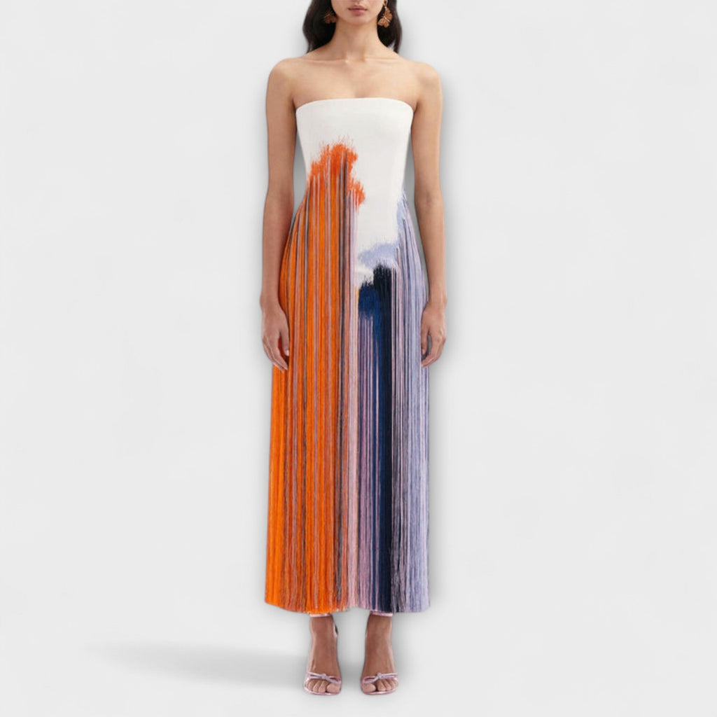 Verão - Vestido Elegante com Blocos de Cor e Franjas na Moda