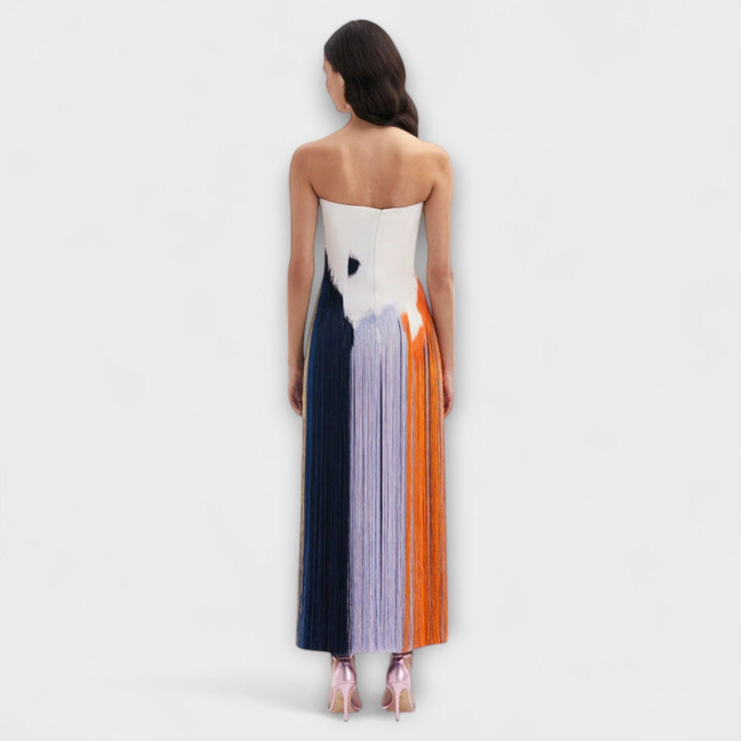 Verão - Vestido Elegante com Blocos de Cor e Franjas na Moda