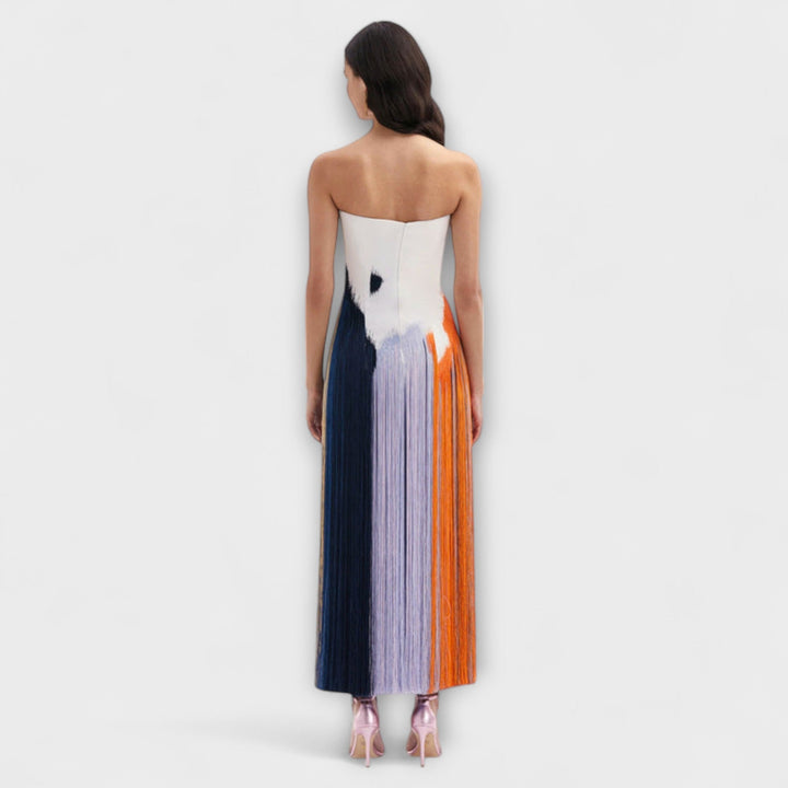 Verão - Vestido Elegante com Blocos de Cor e Franjas na Moda
