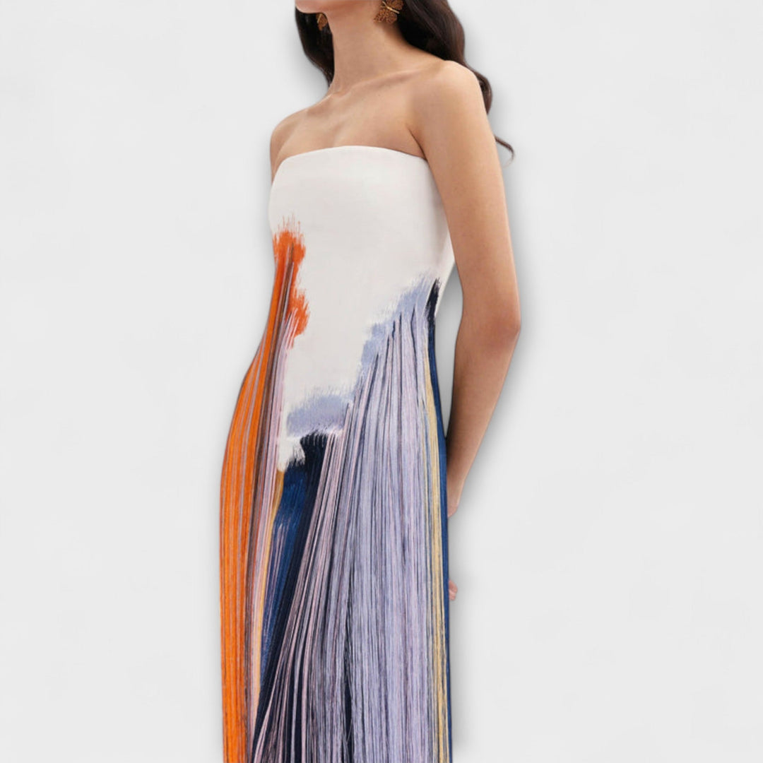 Verão - Vestido Elegante com Blocos de Cor e Franjas na Moda