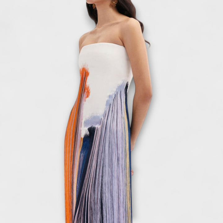 Verão - Vestido Elegante com Blocos de Cor e Franjas na Moda
