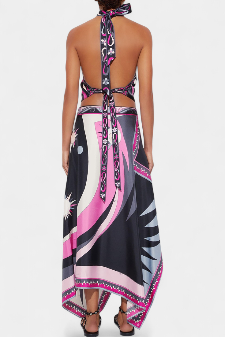 Ciana - Conjunto em Cetim com Saia Abstrata e Top Halter