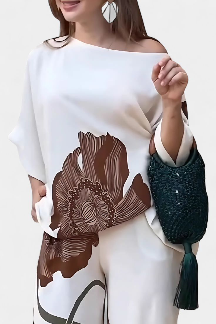 Sybella Conjunto Floral de Duas Peças com Ombro à Mostra e Calça Reta