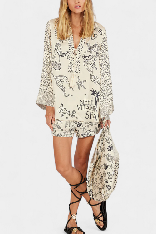 Amalia Conjunto Camisa Estampada com Calções Elásticos