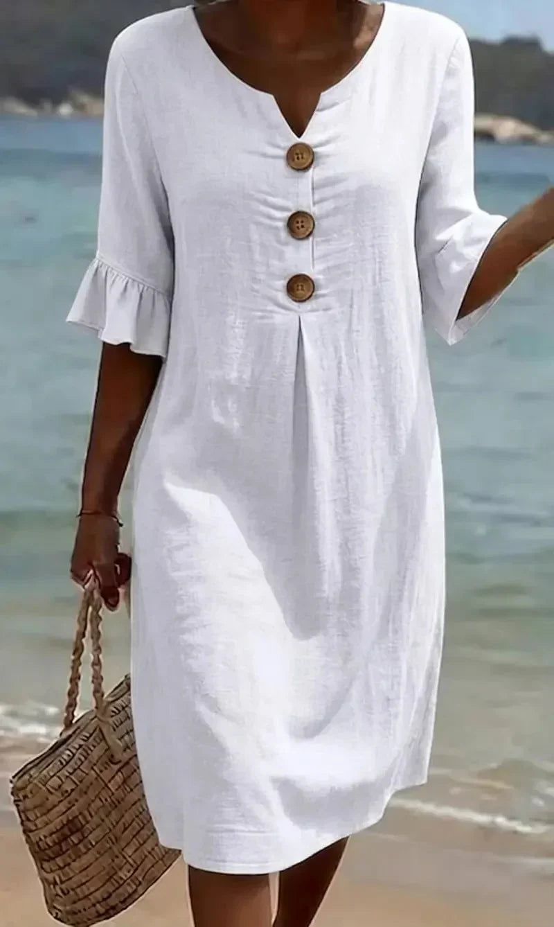 Vanesa | Vestido com Textura de Linho com Manga Bufante e Botões