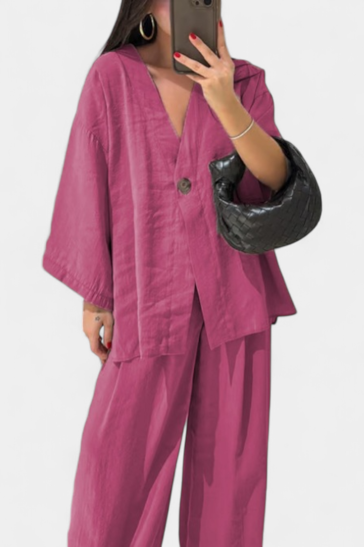 Eli - Conjunto Oversize de Top com Decote em V e Calças Retas