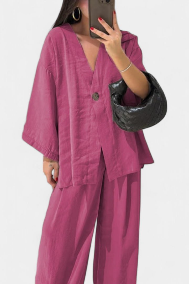 Eli - Conjunto Oversize de Top com Decote em V e Calças Retas