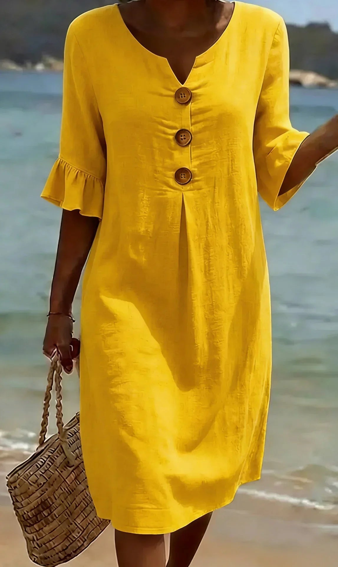 Vanesa | Vestido com Textura de Linho com Manga Bufante e Botões