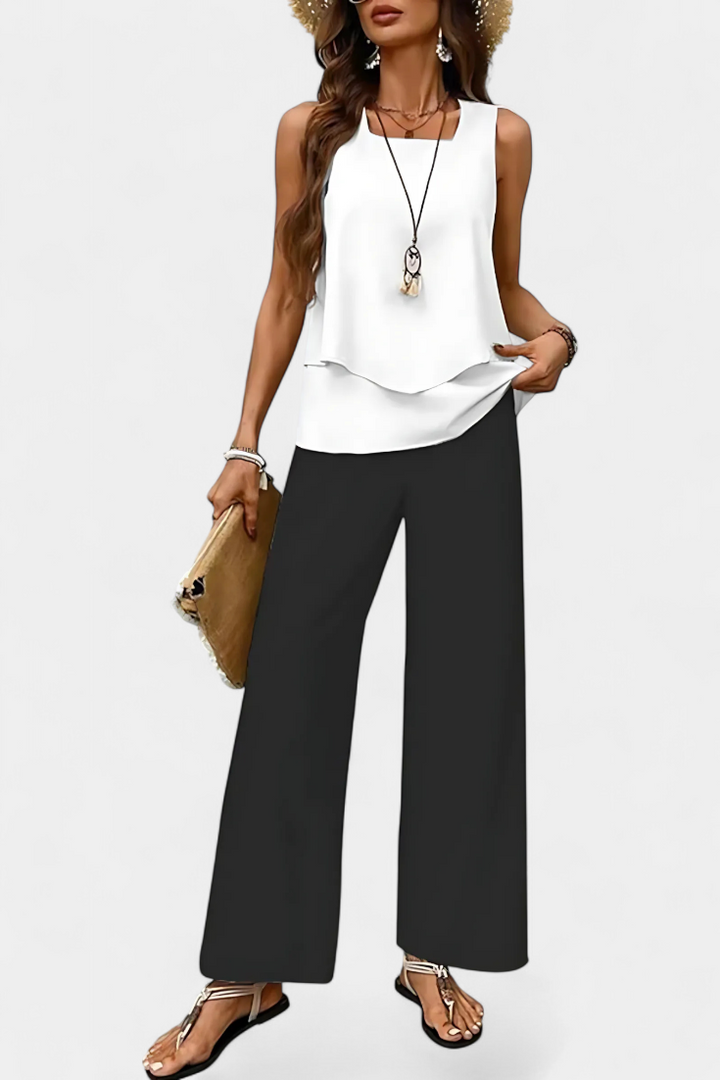 Martina Conjunto Boho Elegante sem Mangas com Calças Retas Estampadas