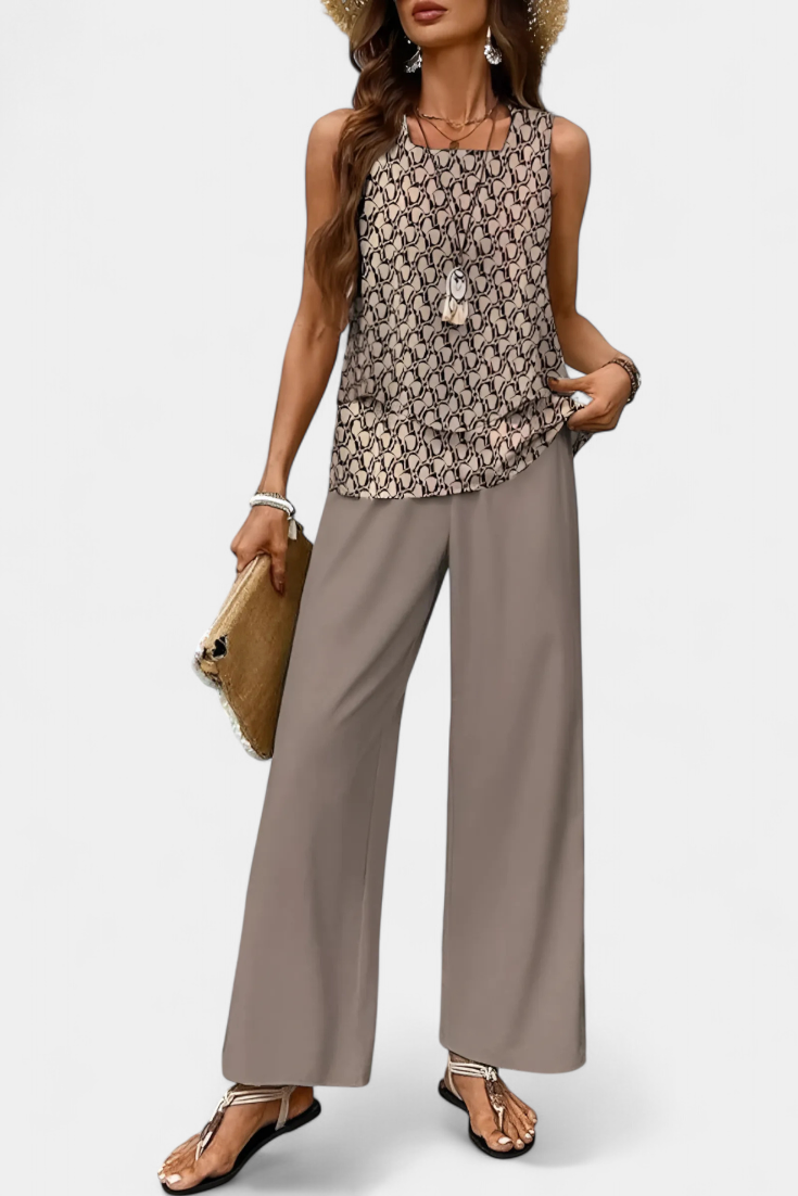 Martina Conjunto Boho Elegante sem Mangas com Calças Retas Estampadas