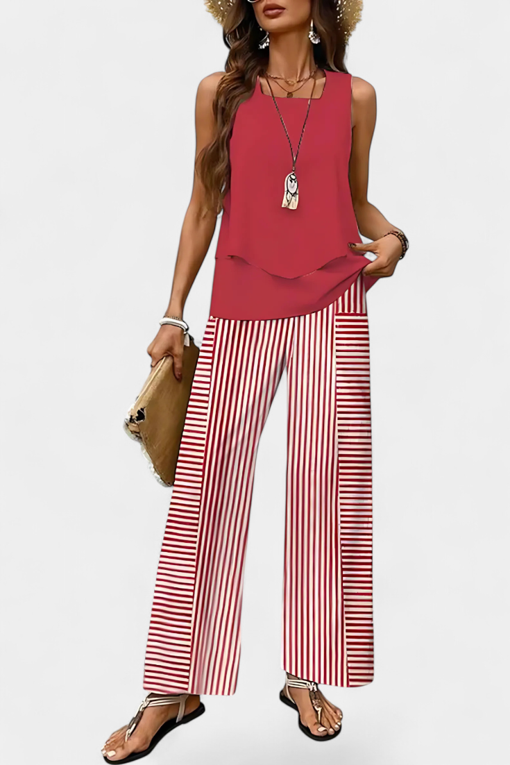 Martina Conjunto Boho Elegante sem Mangas com Calças Retas Estampadas