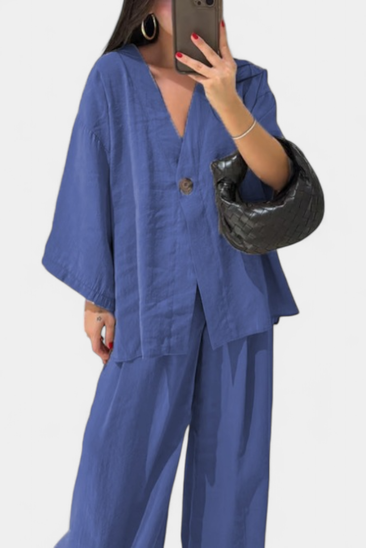 Eli - Conjunto Oversize de Top com Decote em V e Calças Retas