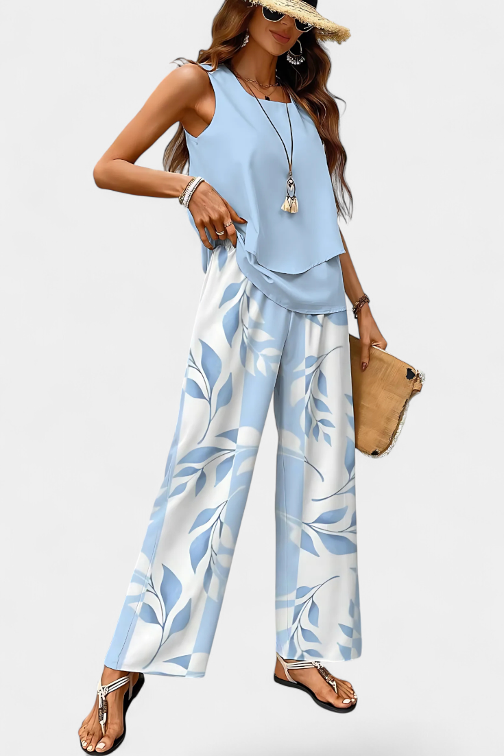 Martina Conjunto Boho Elegante sem Mangas com Calças Retas Estampadas