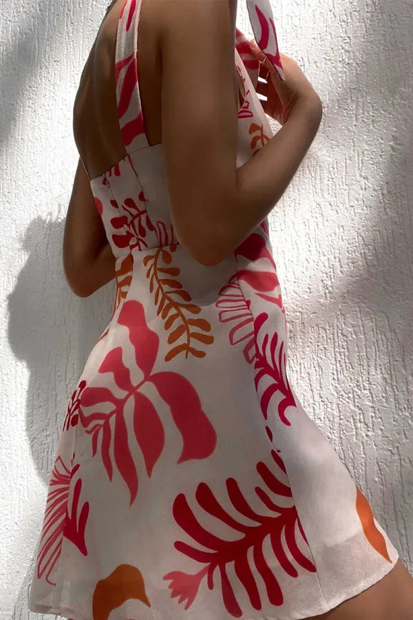 Vestido mini com estampado tropical para mulher com laços ajustáveis nos ombros