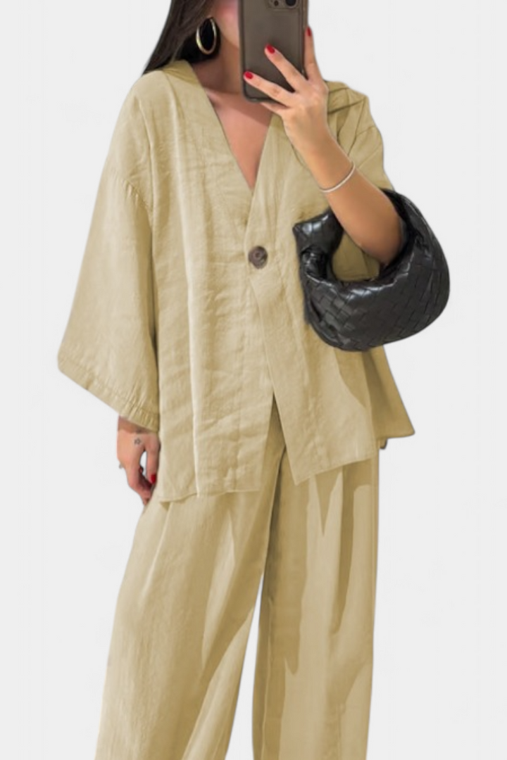 Eli - Conjunto Oversize de Top com Decote em V e Calças Retas