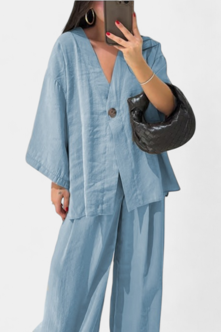 Eli - Conjunto Oversize de Top com Decote em V e Calças Retas